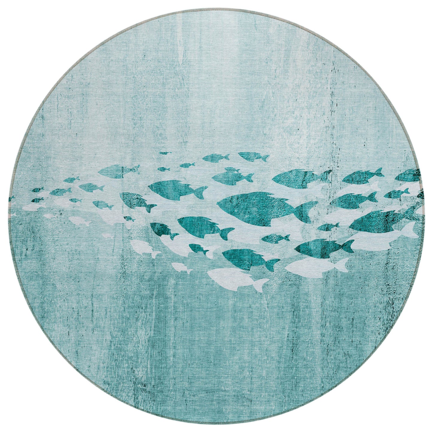 8' Teal Blue Aqua And Ivory Round Nautical Washable Indoor Outdoor Area Rug