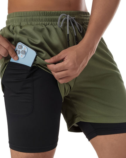 Short homme mi-long extensible 2 en 1 double couche - Poche intérieure zippée, idéal pour l'entraînement en salle de sport