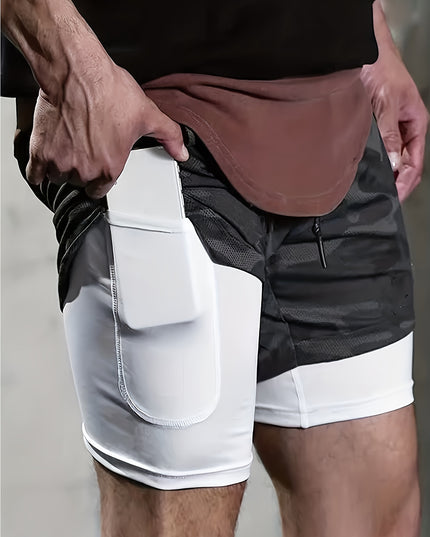 Short homme mi-long extensible 2 en 1 double couche - Poche intérieure zippée, idéal pour l'entraînement en salle de sport