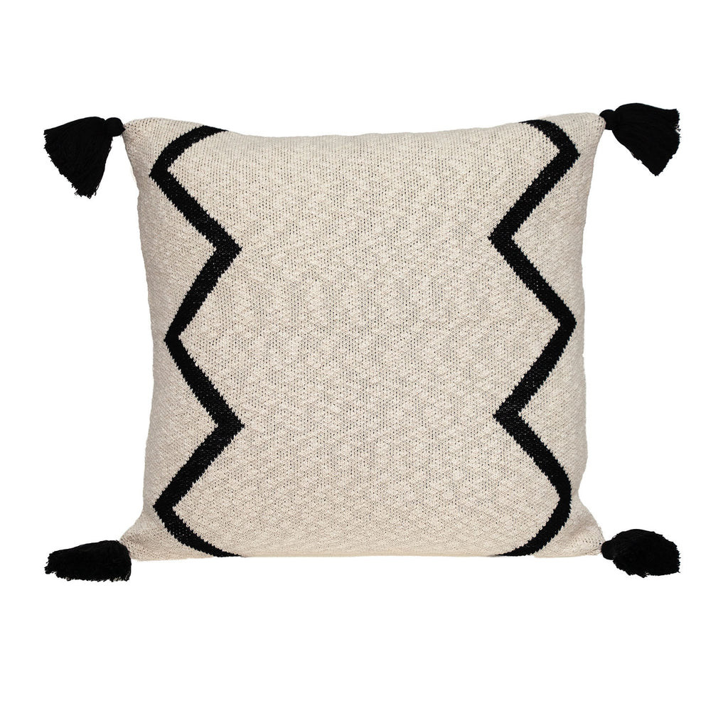 Coussin décoratif carré à motif zigzag noir et crème 20" x 20" avec pompon