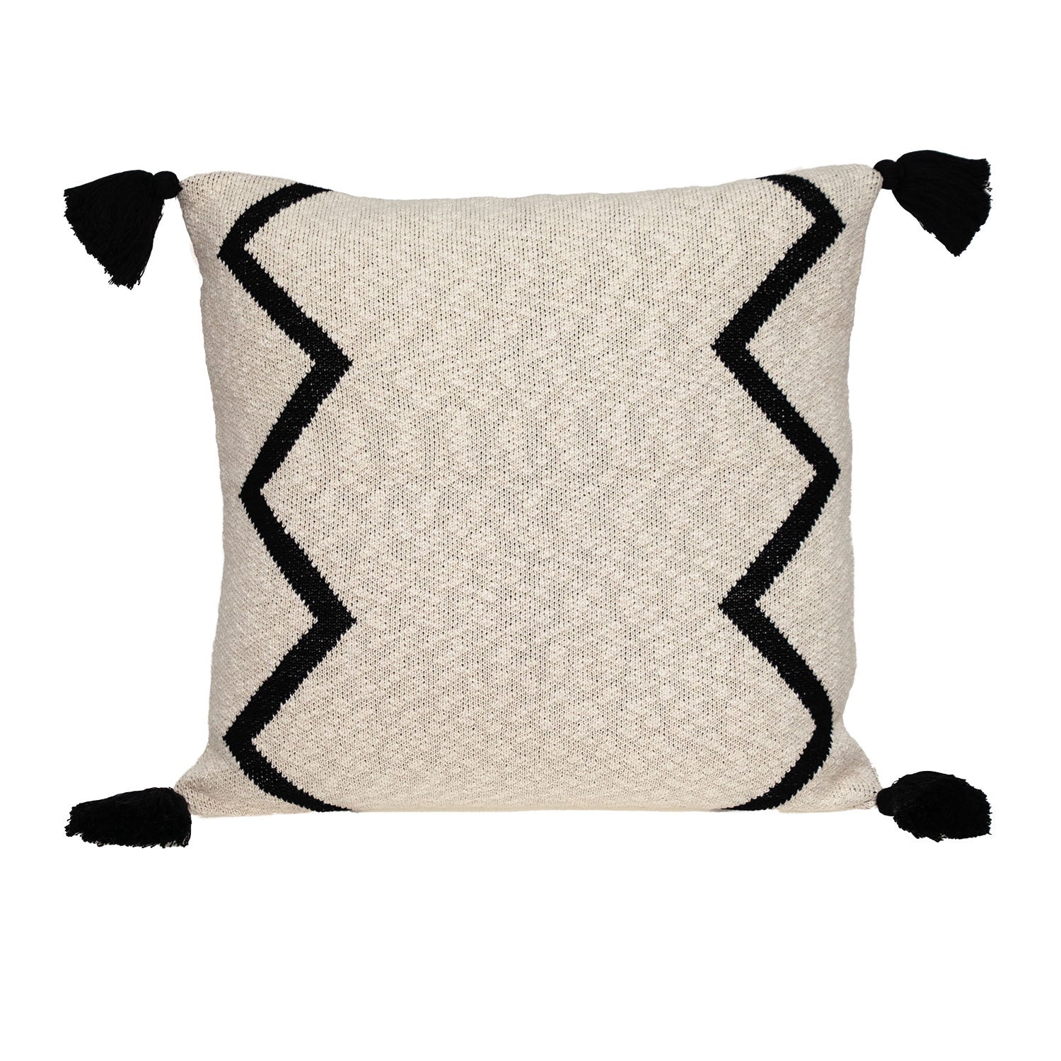 Coussin décoratif carré à motif zigzag noir et crème 20" x 20" avec pompon