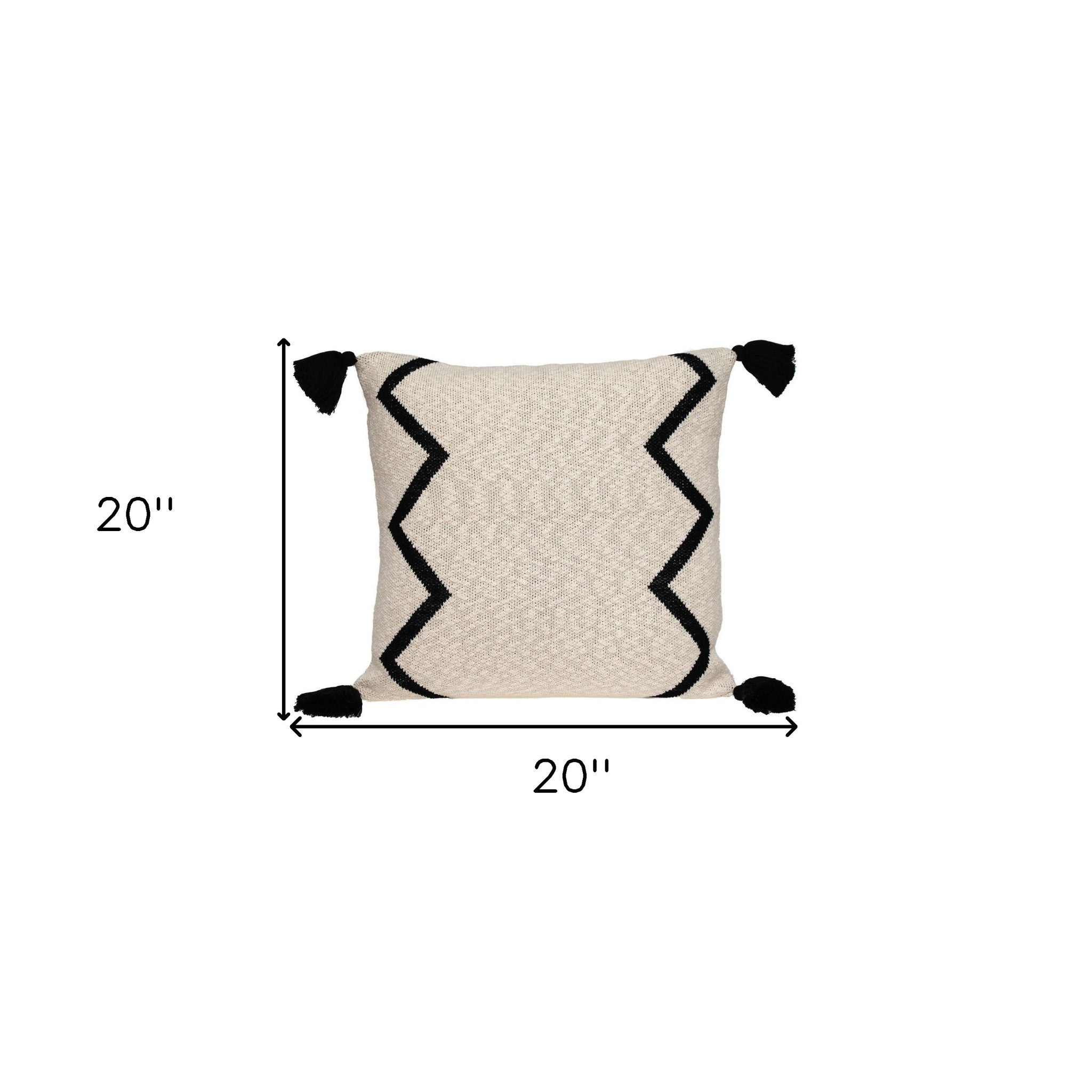 Coussin décoratif carré à motif zigzag noir et crème 20" x 20" avec pompon