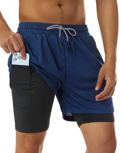 Short homme mi-long extensible 2 en 1 double couche - Poche intérieure zippée, idéal pour l'entraînement en salle de sport
