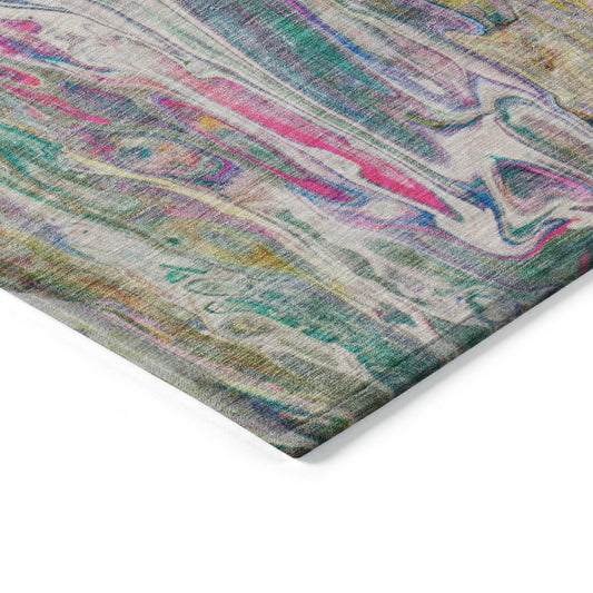 5' X 8' Green Gold And White Abstract Washable Indoor Outdoor Area Rug