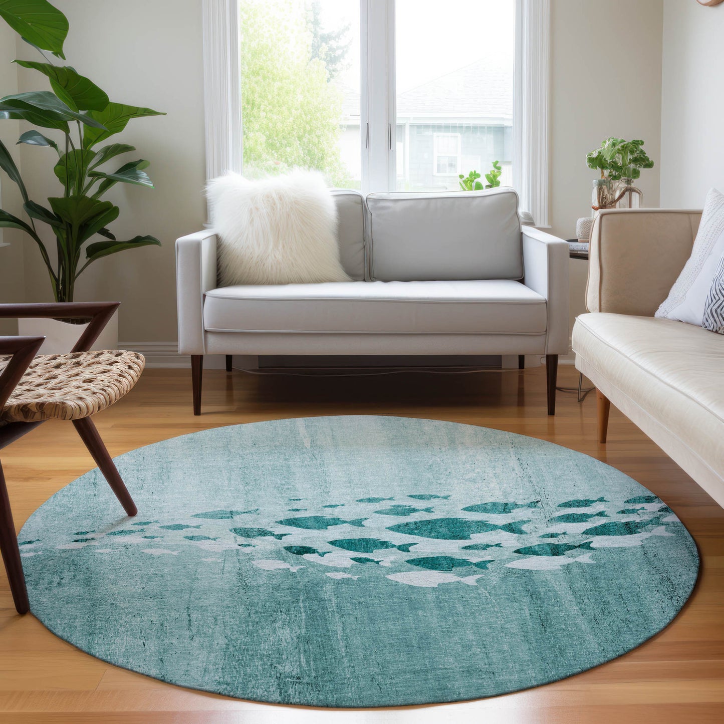 8' Teal Blue Aqua And Ivory Round Nautical Washable Indoor Outdoor Area Rug