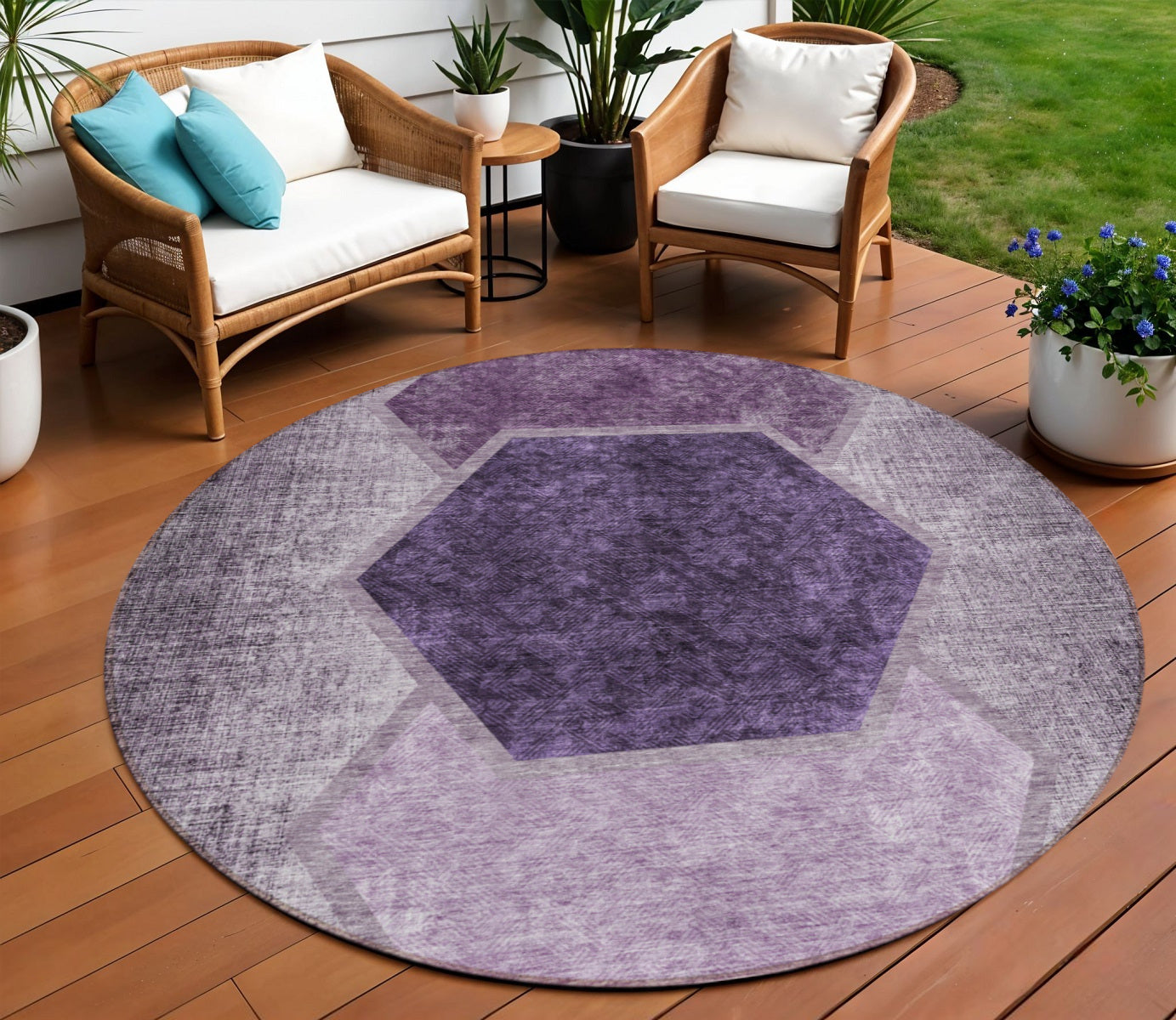 8' Eggplant Purple And Lavender Round Geometric Washable Indoor Outdoor Area Rug