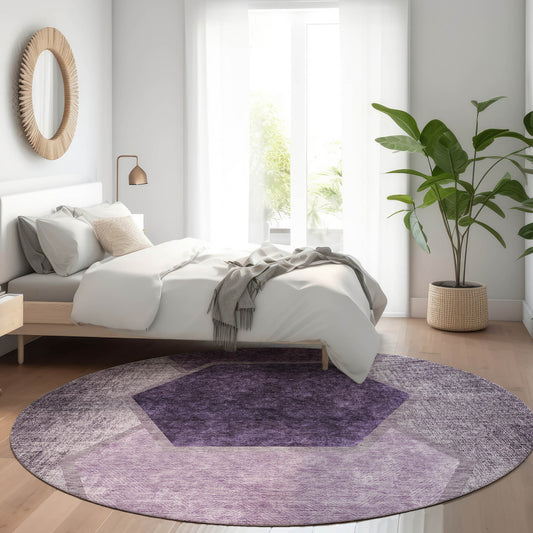 8' Eggplant Purple And Lavender Round Geometric Washable Indoor Outdoor Area Rug