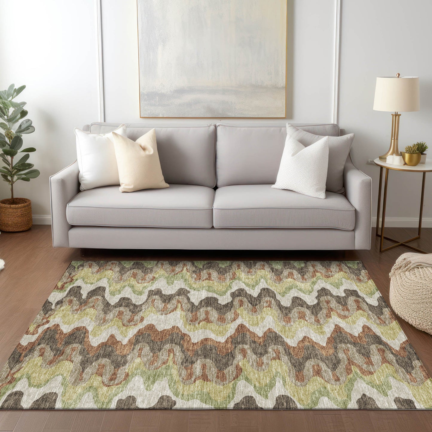 5' X 8' Chocolate Copper And Artichoke Green Abstract Washable Indoor Outdoor Area Rug