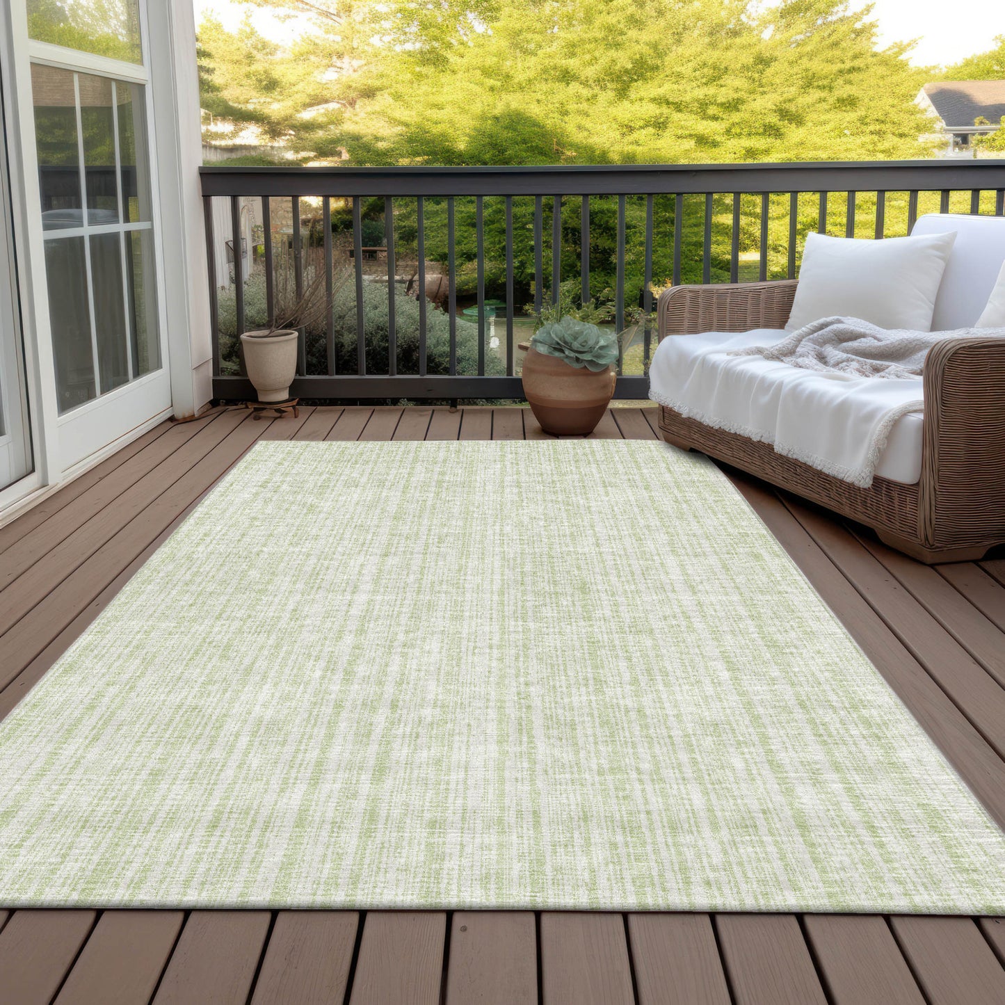 9' X 12' Mint Green And Ivory Striped Washable Indoor Outdoor Area Rug