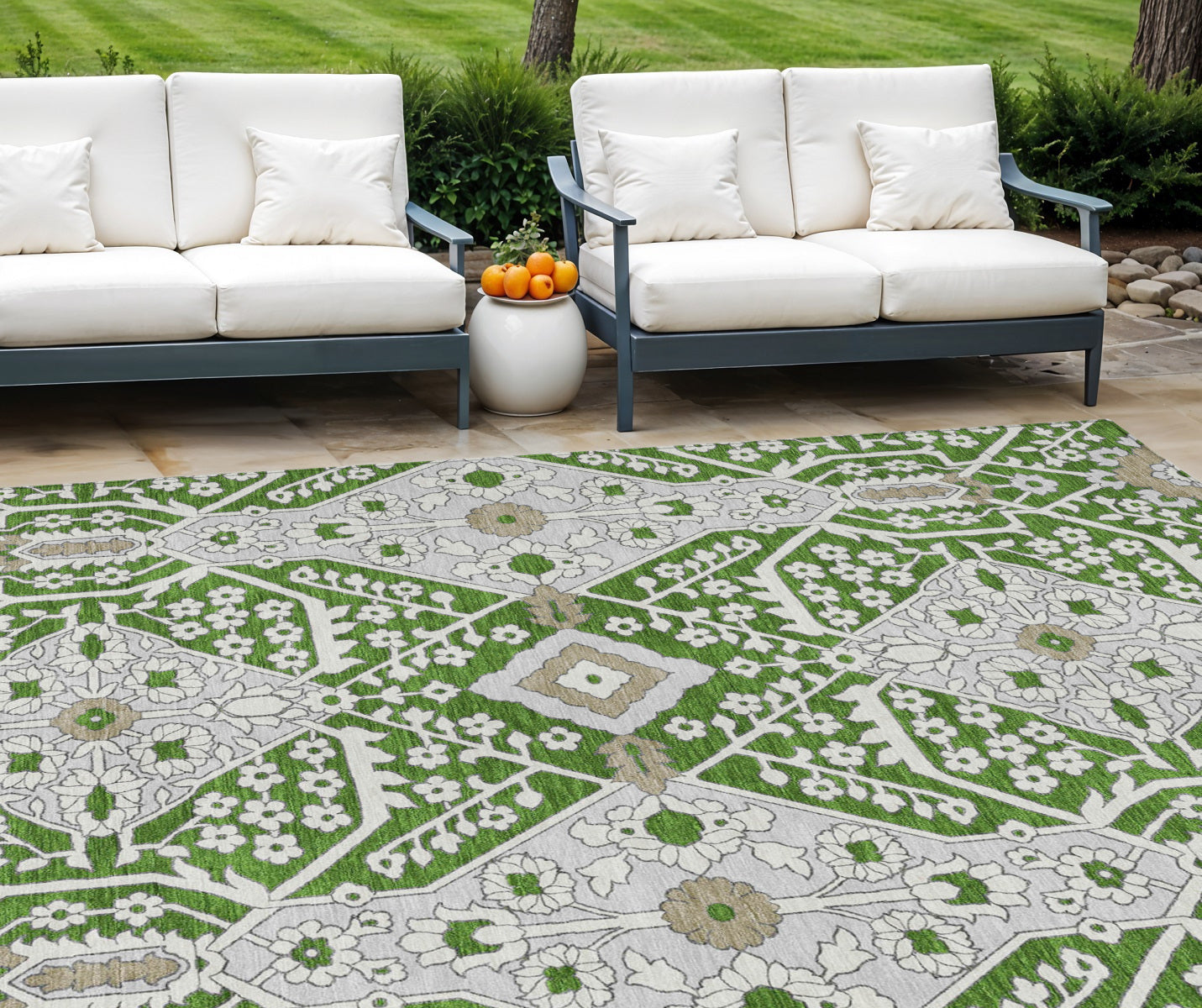 10' X 14' Green Gray And Taupe Floral Washable Indoor Outdoor Area Rug