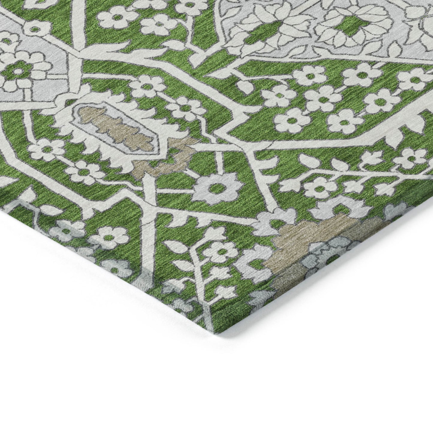 10' X 14' Green Gray And Taupe Floral Washable Indoor Outdoor Area Rug