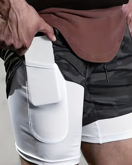 Short homme mi-long extensible 2 en 1 double couche - Poche intérieure zippée, idéal pour l'entraînement en salle de sport