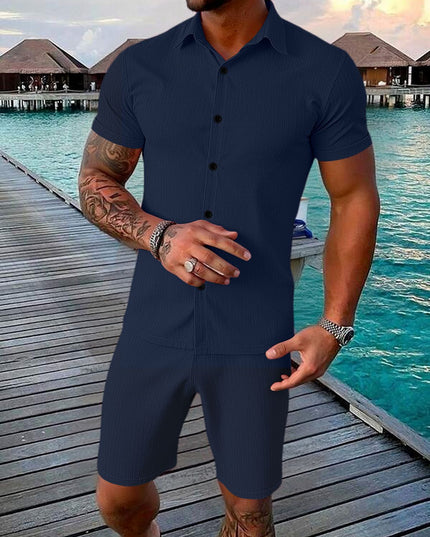 Ensemble deux pièces décontracté pour homme : chemise à manches courtes boutonnée et short