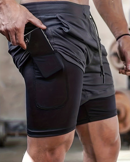 Short homme mi-long extensible 2 en 1 double couche - Poche intérieure zippée, idéal pour l'entraînement en salle de sport