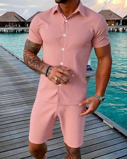Ensemble deux pièces décontracté pour homme : chemise à manches courtes boutonnée et short