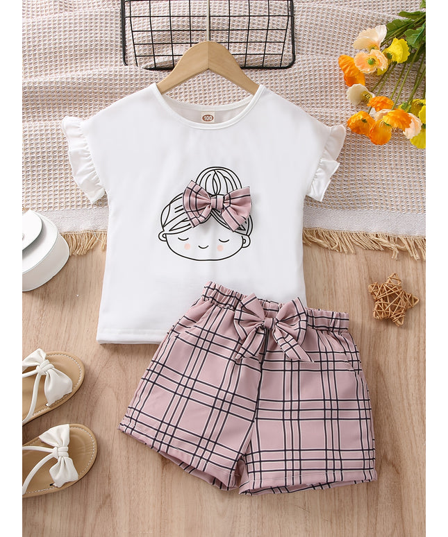 Ensemble 2 pièces pour filles : T-shirt et col rond, short à carreaux avec nœud à la taille élastique