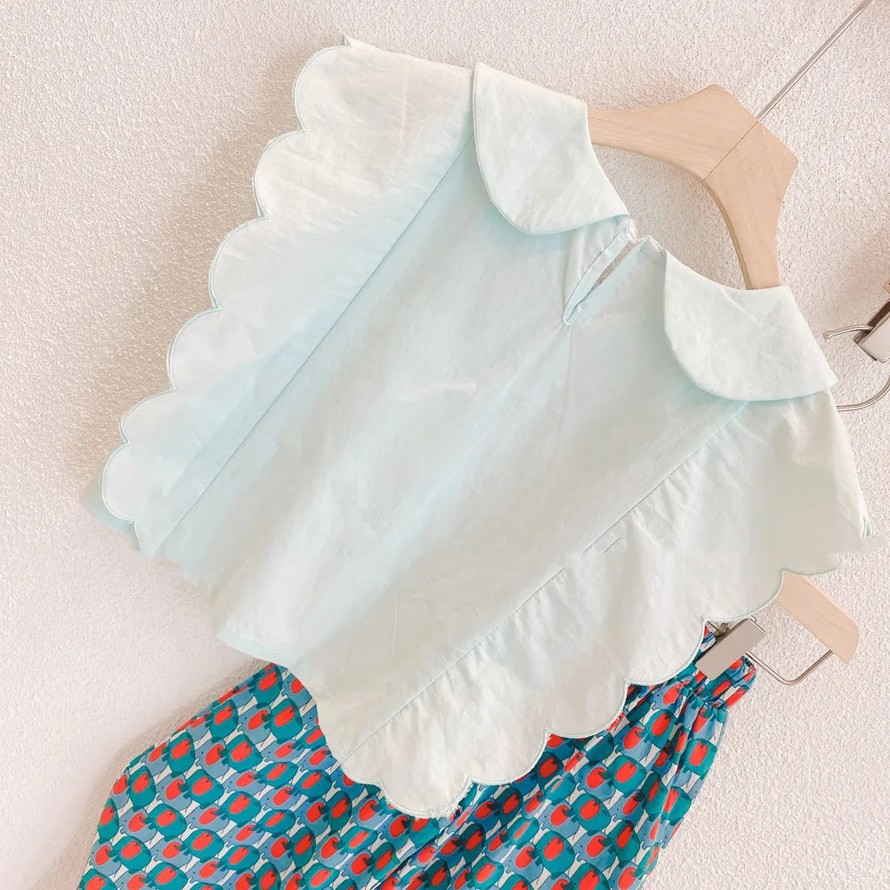 Ensembles de vêtements d'été pour filles, style Hong Kong, col poupée, haut sans manches ondulé + pantalon large