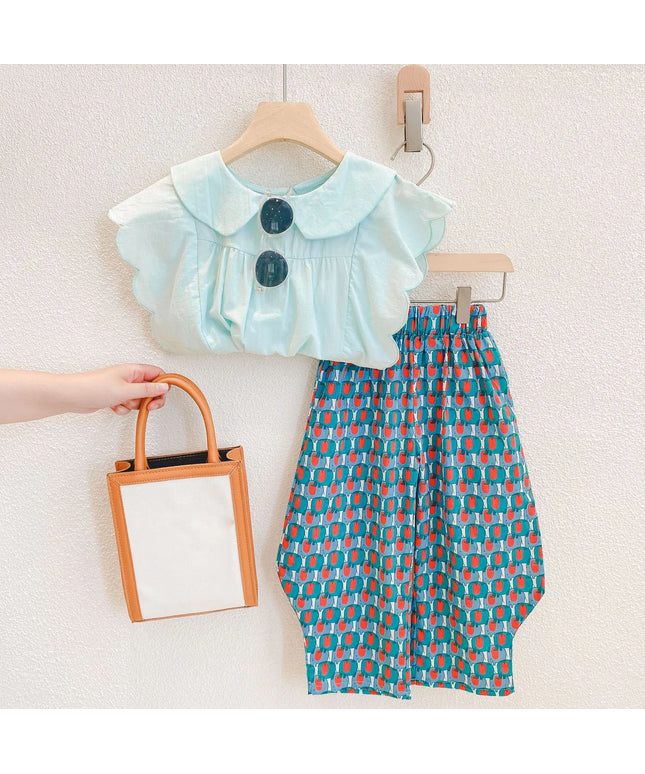 Ensembles de vêtements d'été pour filles, col poupée, haut sans manches ondulé + pantalon large