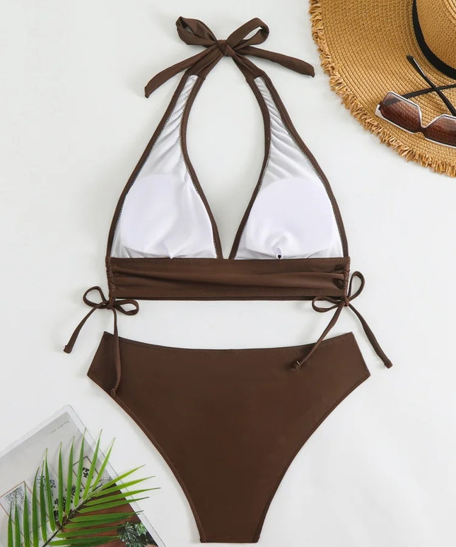 Maillot de bain bikini, modèle uni à col en V et bretelles dos nu