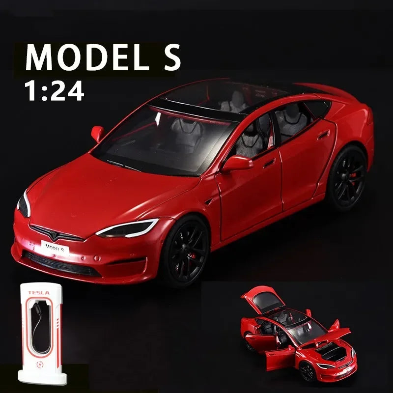 Modèle de voiture Tesla en alliage moulé sous pression, échelle 1:24, jouet en métal, collection de simulation, son et lumière, jouet pour enfants, cadeau