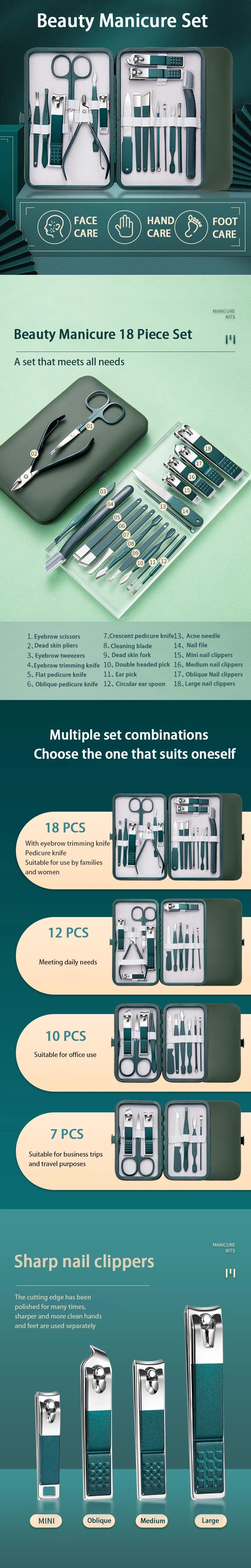 Kit de soins des ongles professionnel 7/10/12/18 pièces, ensemble de manucure et pédicure en acier inoxydable, ensemble de coupe-ongles avec étui de transport