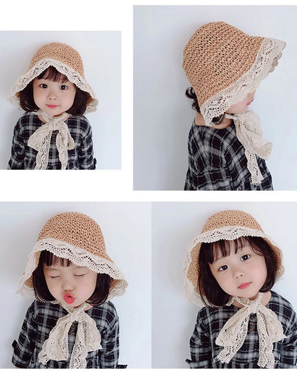 Chapeau de paille princesse à volants en dentelle pour enfants de 1 à 6 ans