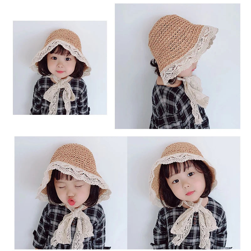 Chapeau de paille princesse à volants en dentelle pour enfants de 1 à 6 ans