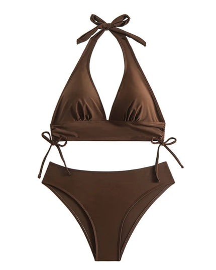 Maillot de bain bikini, modèle uni à col en V et bretelles dos nu