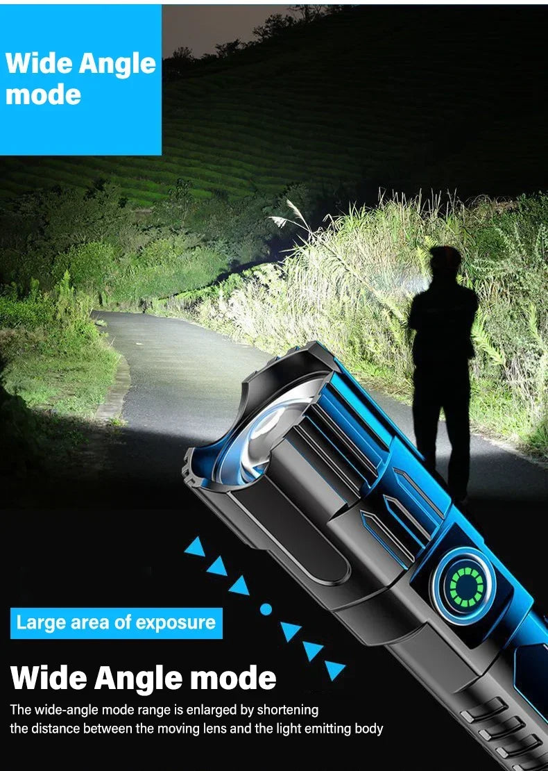 High Strong Power Led Flashlights 2000LM Tactical Torch with Display Light USB Charging Camping Fishing Emergency Zoom Lantern