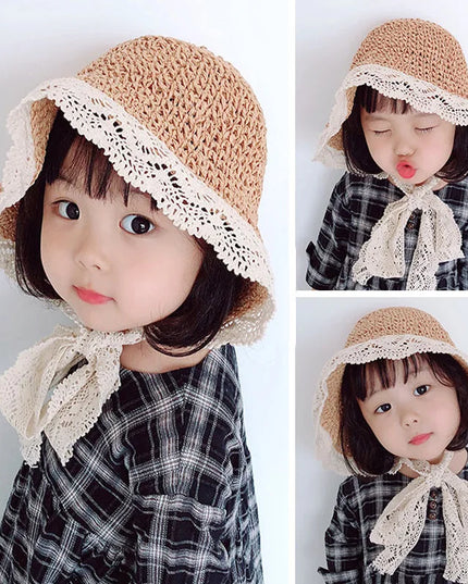 Chapeau de paille princesse à volants en dentelle pour enfants de 1 à 6 ans