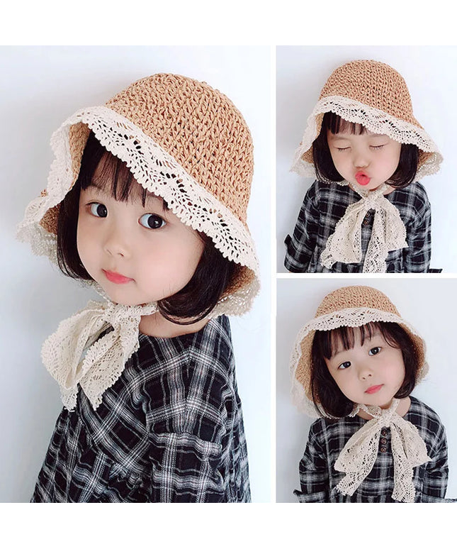 Chapeau de paille princesse à volants en dentelle pour enfants de 1 à 6 ans