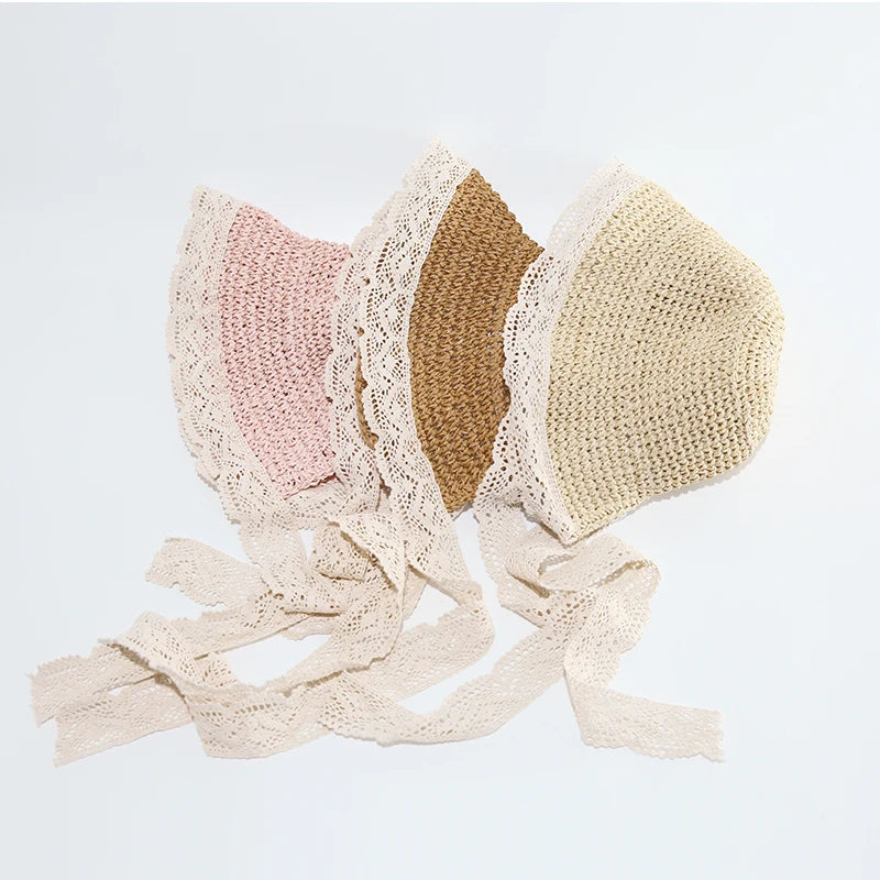 Chapeau de paille princesse à volants en dentelle pour enfants de 1 à 6 ans