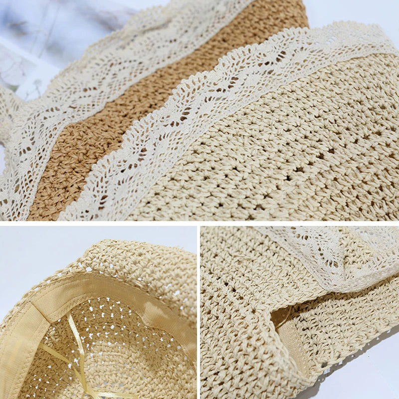 Chapeau de paille princesse à volants en dentelle pour enfants de 1 à 6 ans