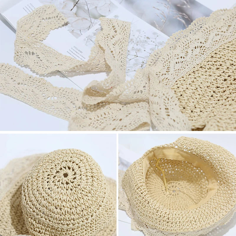 Chapeau de paille princesse à volants en dentelle pour enfants de 1 à 6 ans