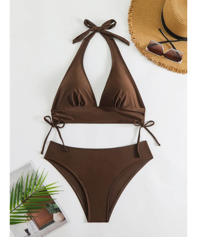 Maillot de bain bikini, modèle uni à col en V et bretelles dos nu