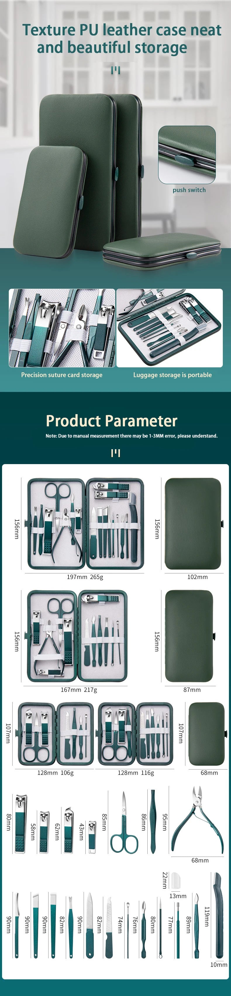 Kit de soins des ongles professionnel 7/10/12/18 pièces, ensemble de manucure et pédicure en acier inoxydable, ensemble de coupe-ongles avec étui de transport