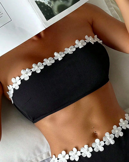Bikini bandeau push-up 3D blanc à fleurs