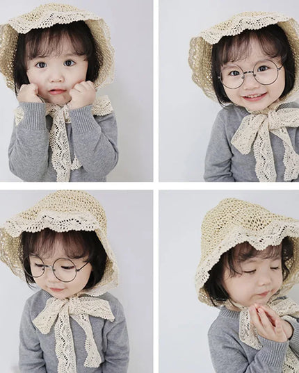 Chapeau de paille princesse à volants en dentelle pour enfants de 1 à 6 ans