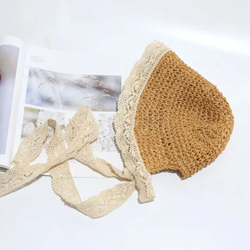 Chapeau de paille princesse à volants en dentelle pour enfants de 1 à 6 ans