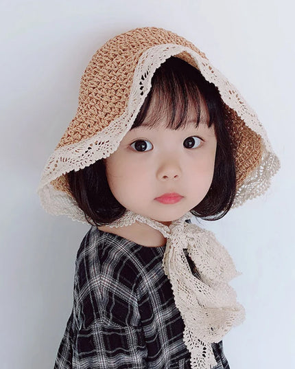 Chapeau de paille princesse à volants en dentelle pour enfants de 1 à 6 ans