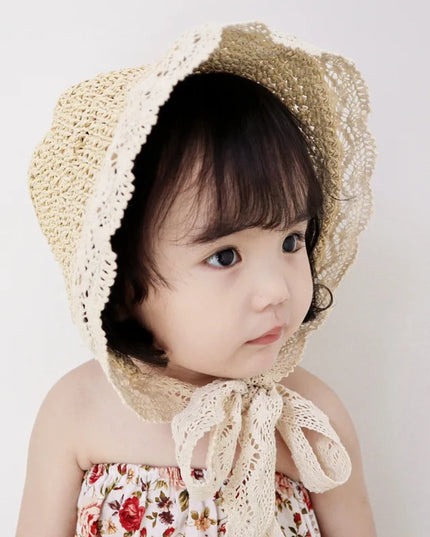 Chapeau de paille princesse à volants en dentelle pour enfants de 1 à 6 ans