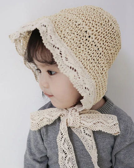 Chapeau de paille princesse à volants en dentelle pour enfants de 1 à 6 ans