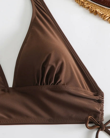 Maillot de bain bikini, modèle uni à col en V et bretelles dos nu