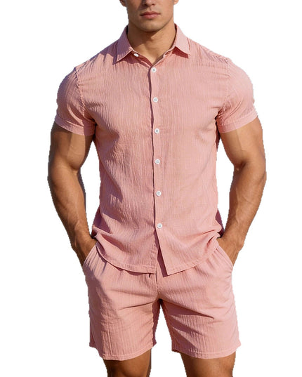 Ensemble deux pièces décontracté pour homme : chemise à manches courtes boutonnée et short