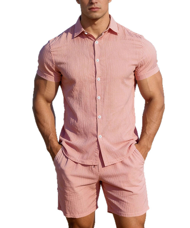 Ensemble deux pièces décontracté pour homme : chemise à manches courtes boutonnée et short