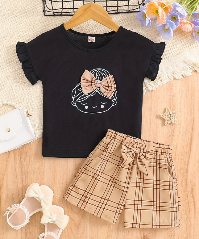 Ensemble 2 pièces pour filles : T-shirt et col rond, short à carreaux avec nœud à la taille élastique