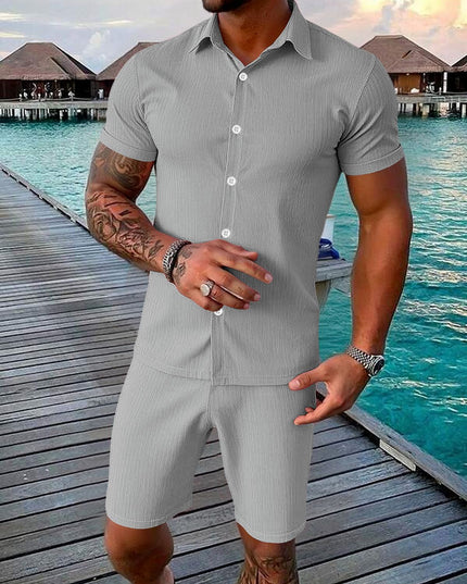 Ensemble deux pièces décontracté pour homme : chemise à manches courtes boutonnée et short